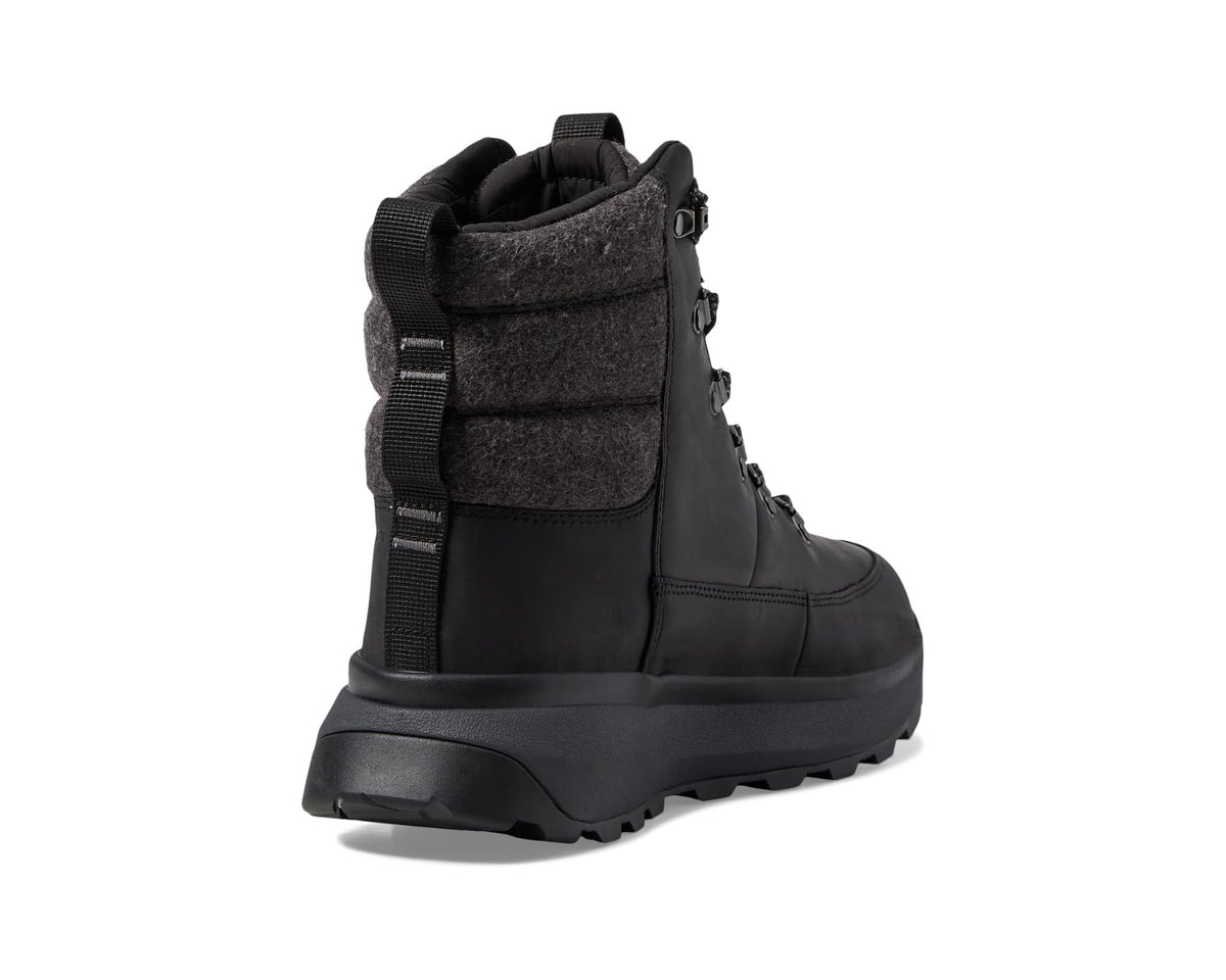Men's black waterproof leather boot with cushioned collar and heel pull tab