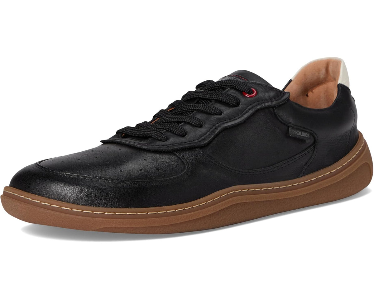 Black unisex PIKOLINOS lace-up sneakers angled side view with tan sole