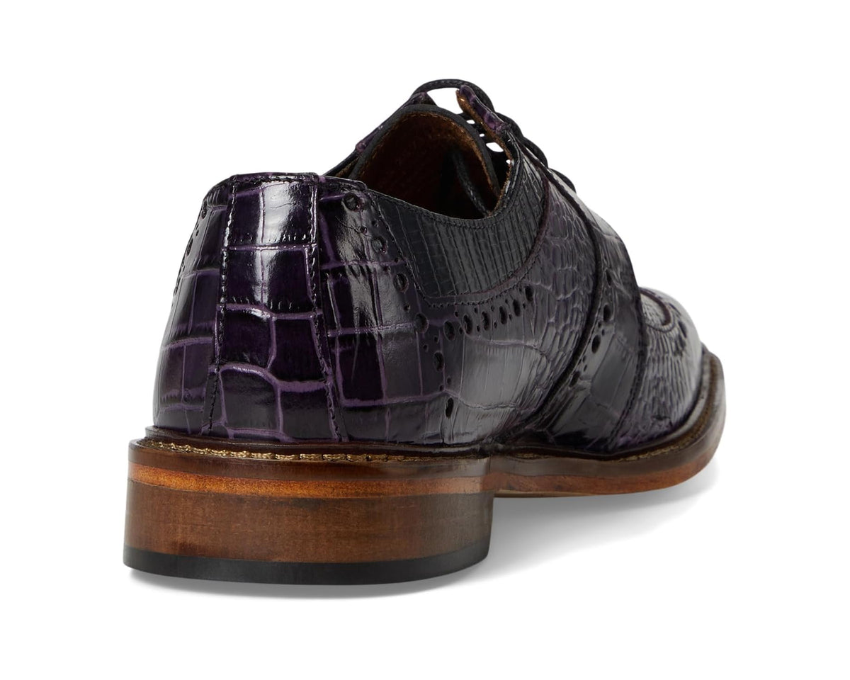 Men's Stacy Adams oxford rear view, textured purple multi leather with stacked heel