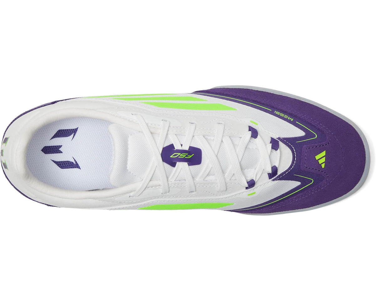 White indoor soccer cleat with purple side, neon green outsole and striped upper