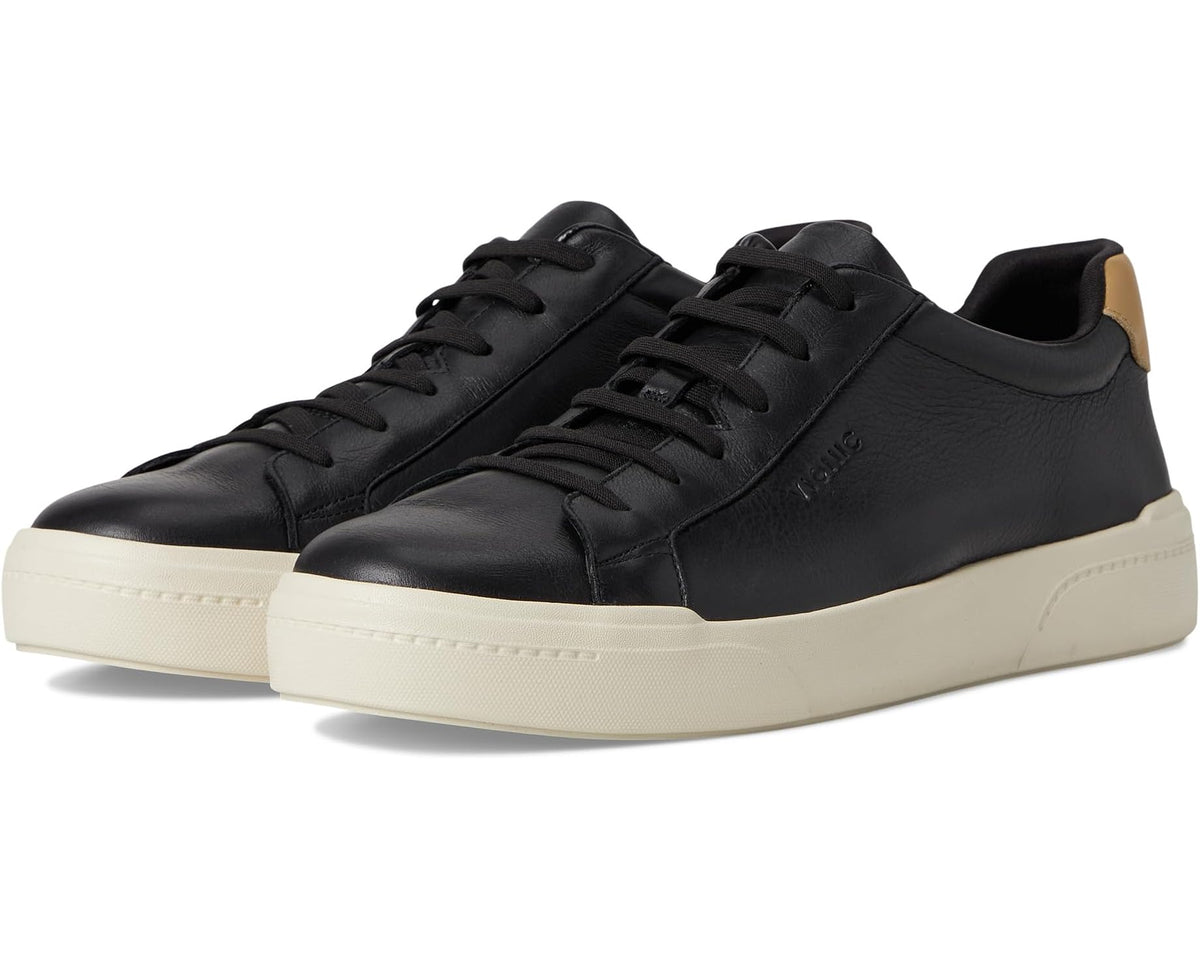 Men's black leather low-top sneakers with black laces and off-white sole