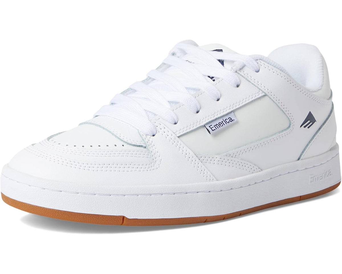 White Emerica low-top sneakers with light panel accents and gum-brown outsole
