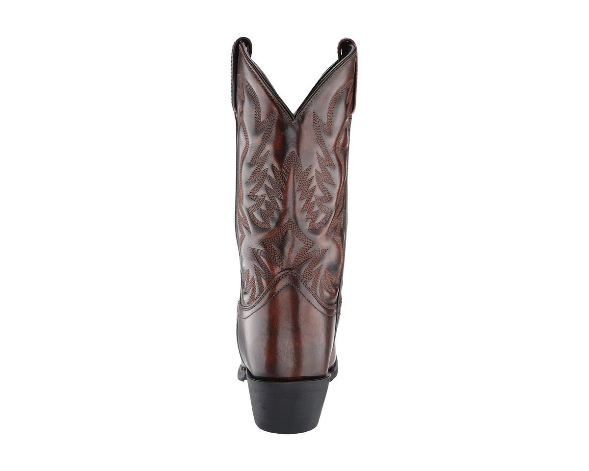 Men's tan cowboy boots viewed from back, showing western stitched shaft and heel