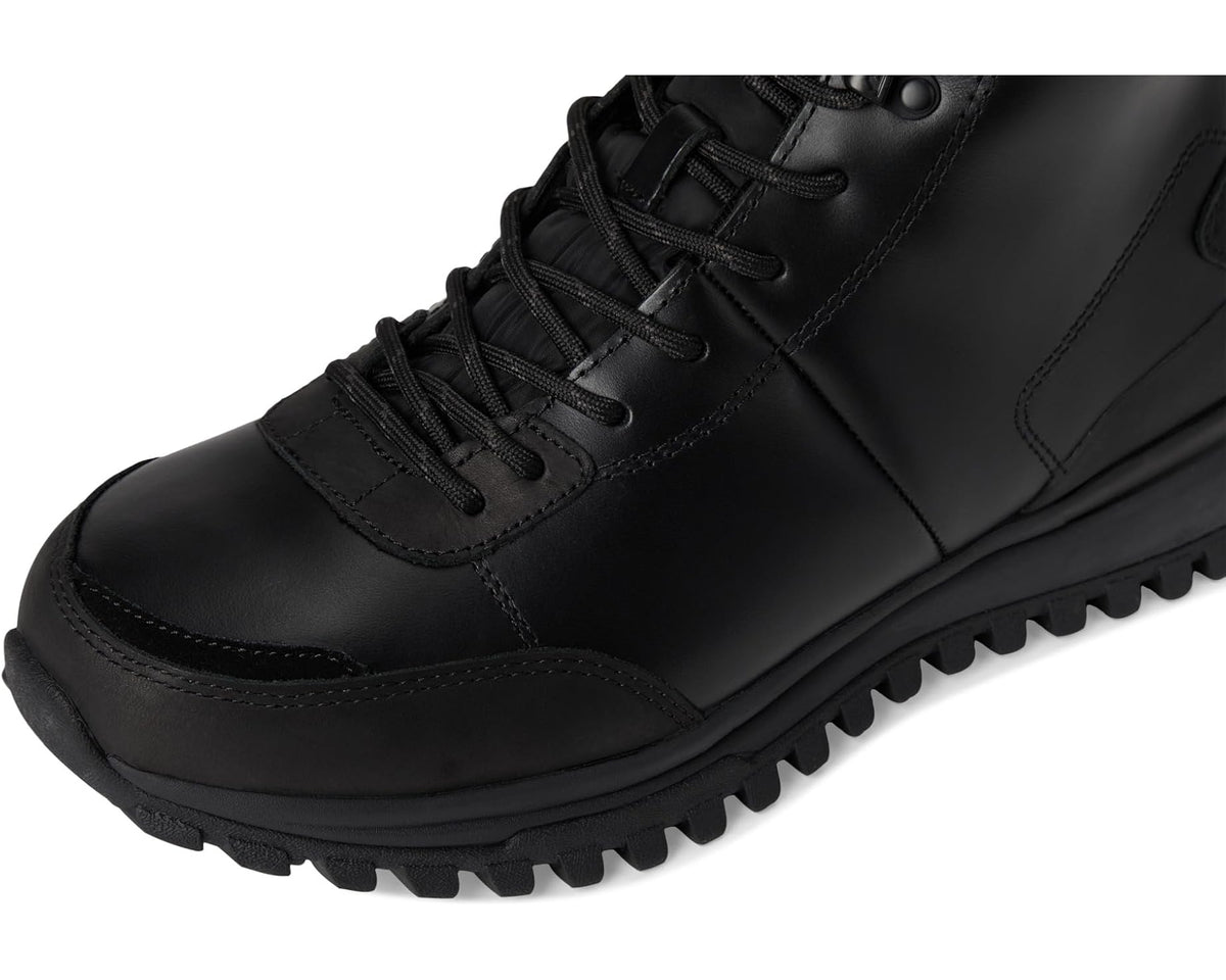 Men's black lace-up high-top boots with stitched panels and rugged tread sole