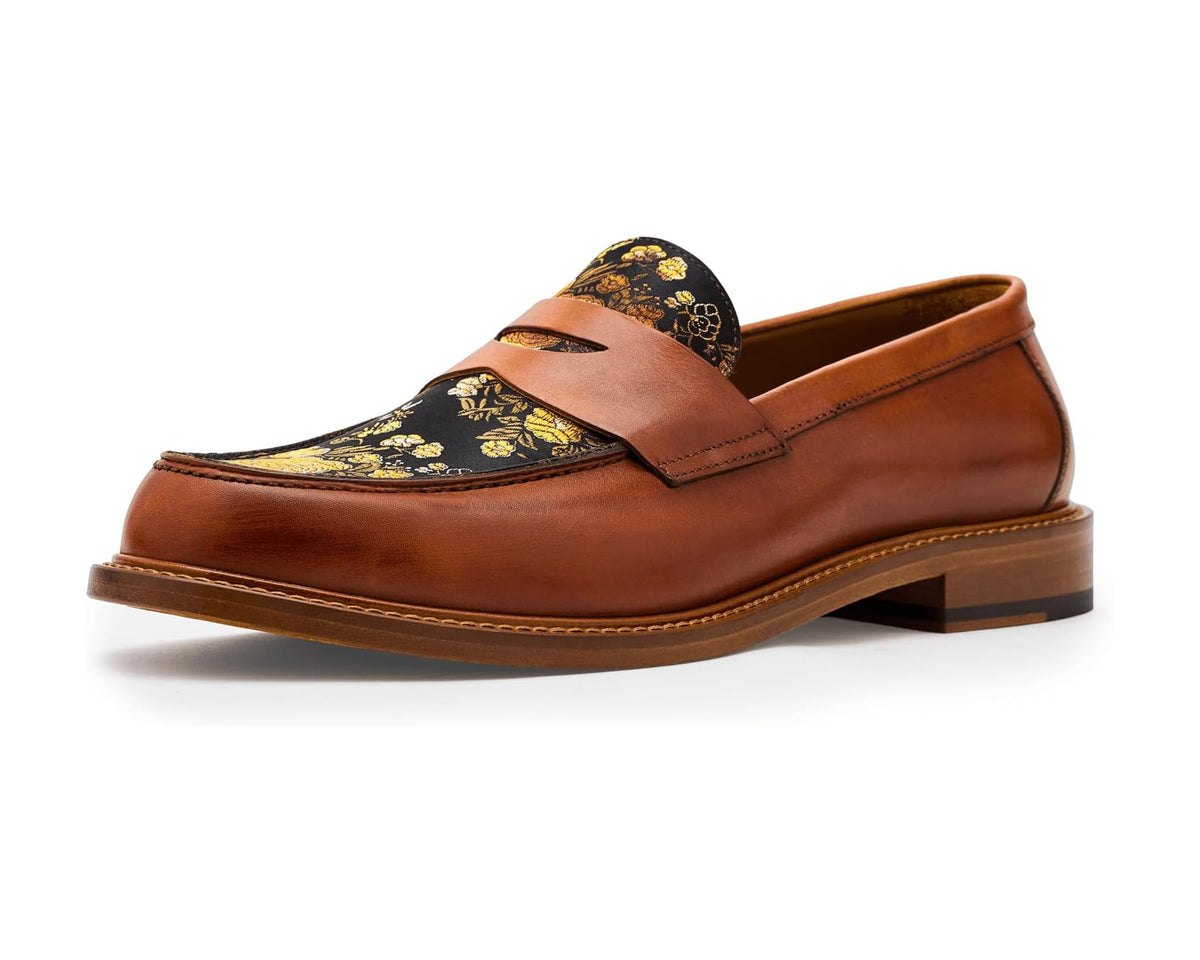 Men's leather slip-on loafer with tan upper and floral brocade vamp