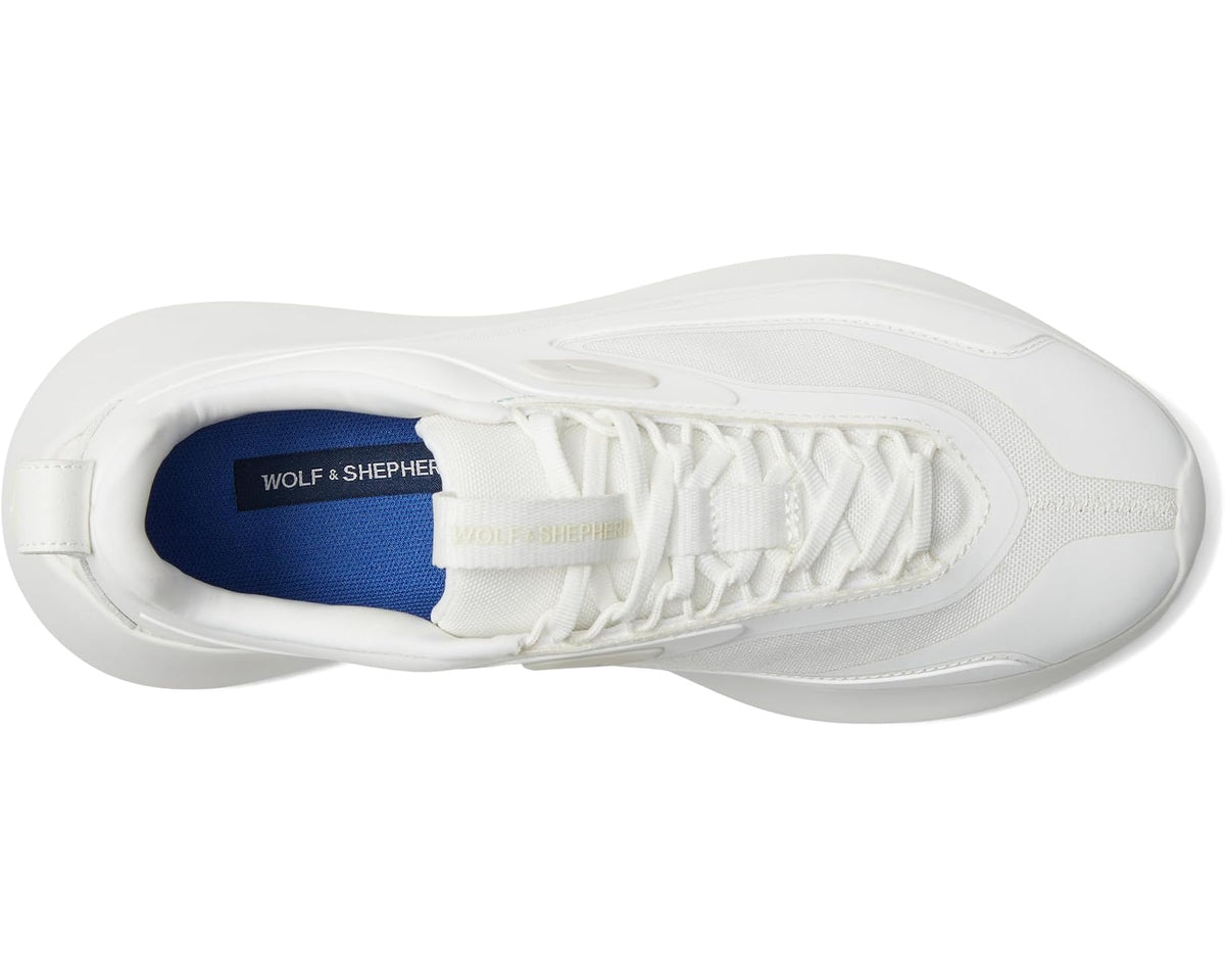 Unisex white sport sneakers, side view with visible logo and textured outsole