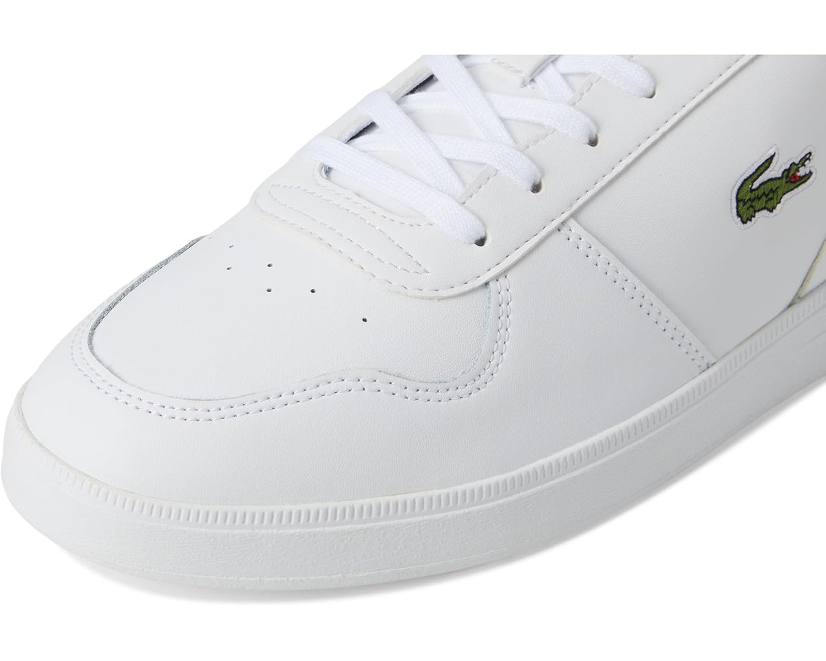 White Lacoste T-base sneakers close-up of lace eyelets and side logo