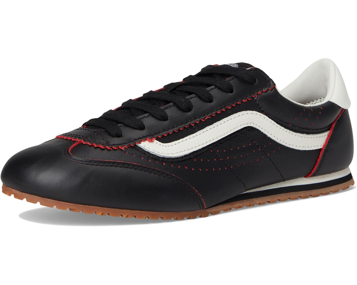 Vans unisex black and red low-top sneakers with white stripe and brown gum sole