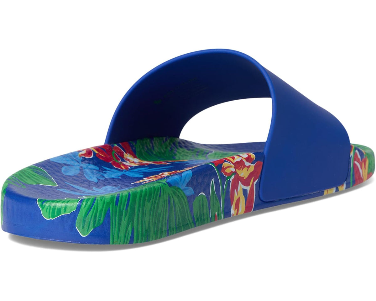 Floral-print slide sandals with royal-blue top strap and curved footbed