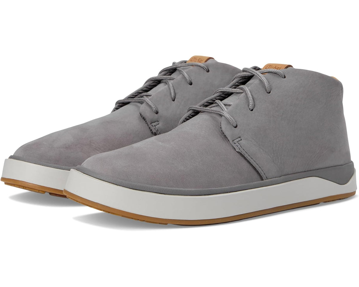 Graphite suede chukka boots, lace-up with light outsole and tan gum accents