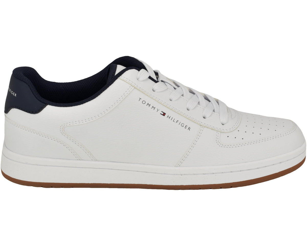 White Tommy Hilfiger Lattan low-top sneaker with navy collar and tan rubber sole