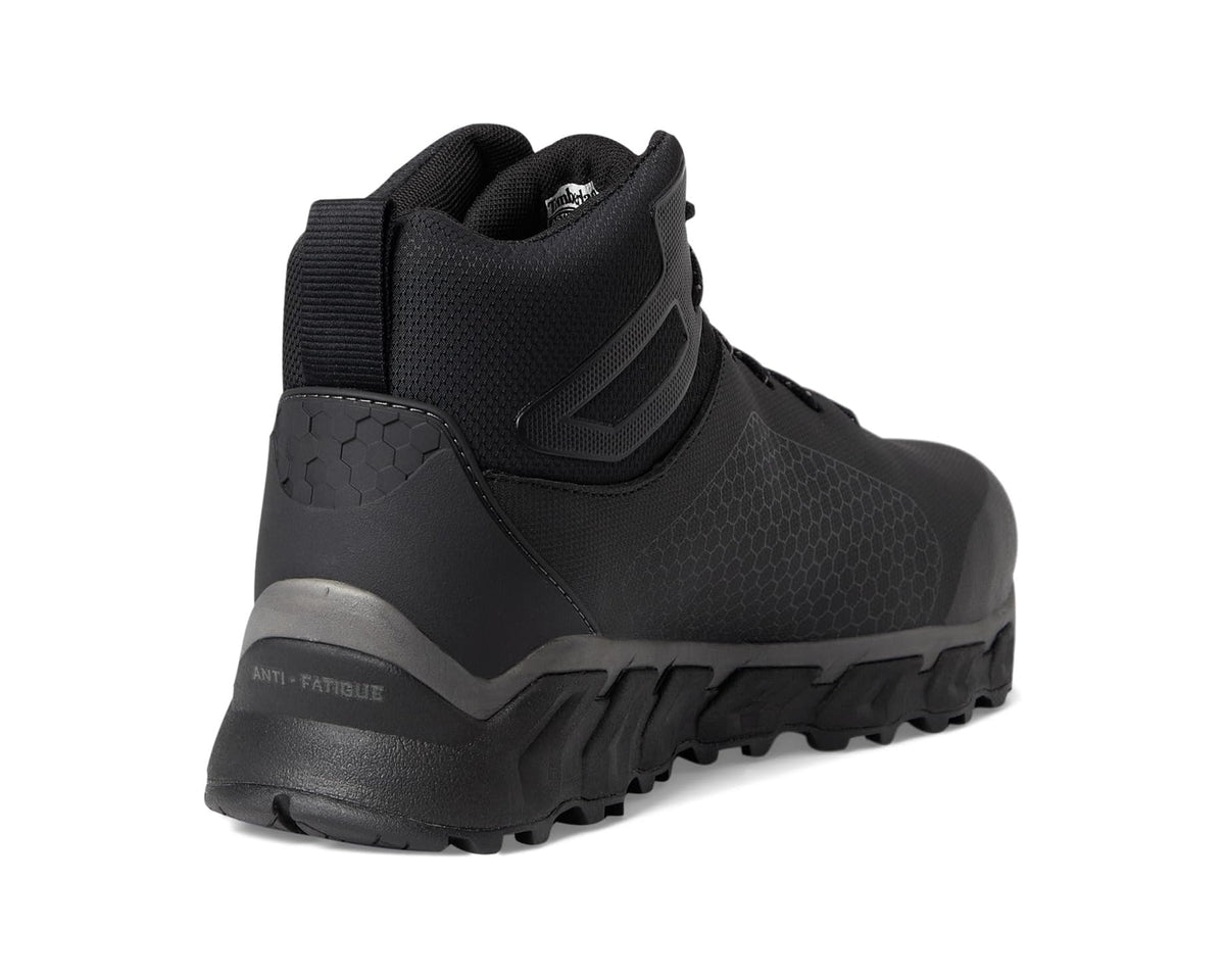 Black waterproof work boot heel with padded collar and textured upper