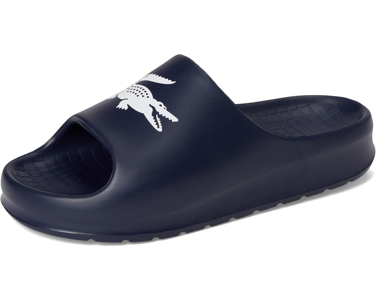 Men's Lacoste slide sandals, navy upper with white croc logo and contoured tread