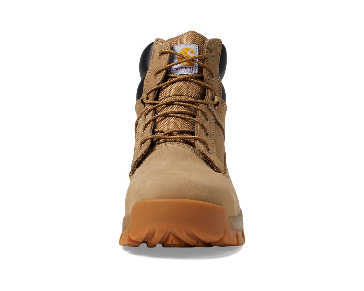 Coyote nubuck work boot with lace-up front, cushioned tongue, and black heel collar