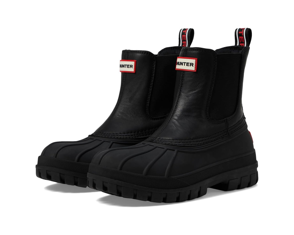 Black leather Chelsea rain boots with Hunter logo, pull-on side gore and tread sole
