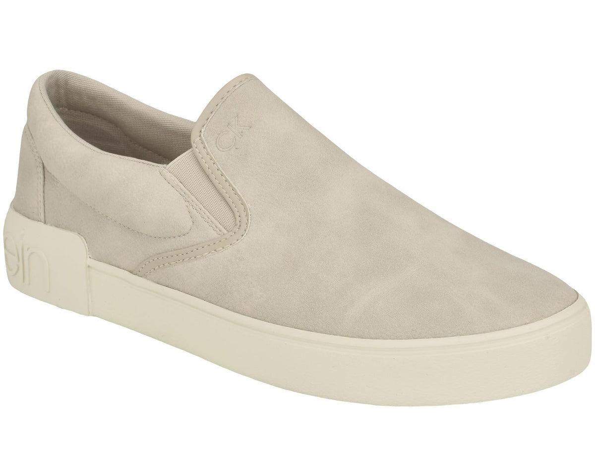 Calvin Klein Ryor men's light grey suede slip-on sneaker, angled side view
