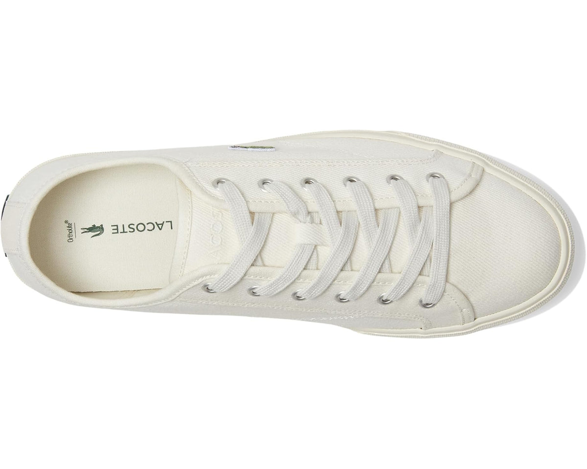 Lacoste Backcourt off-white sneakers, side view with lace eyelets and padded collar