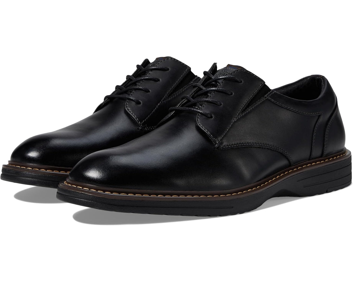 Men's black leather plain-toe lace-up oxford with brown-trim sole edge