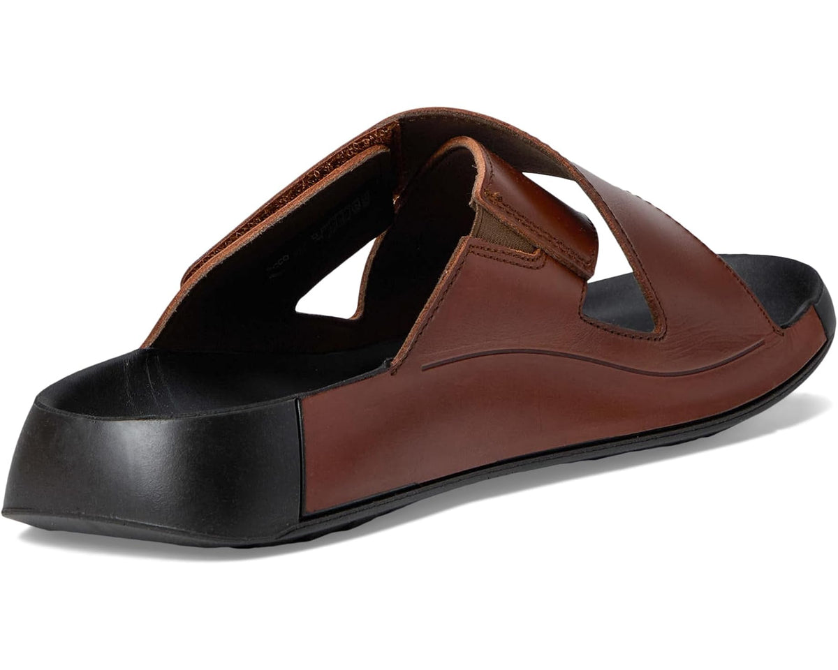 Cognac leather cross-slide sandal with open interior and two upper straps