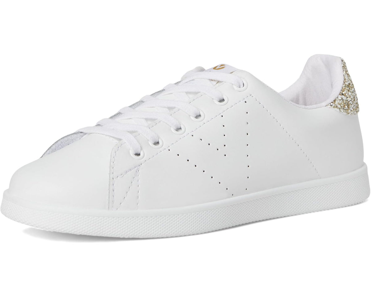 Unisex Victoria lace-up sneakers in white with gold glitter heel and toe stitching
