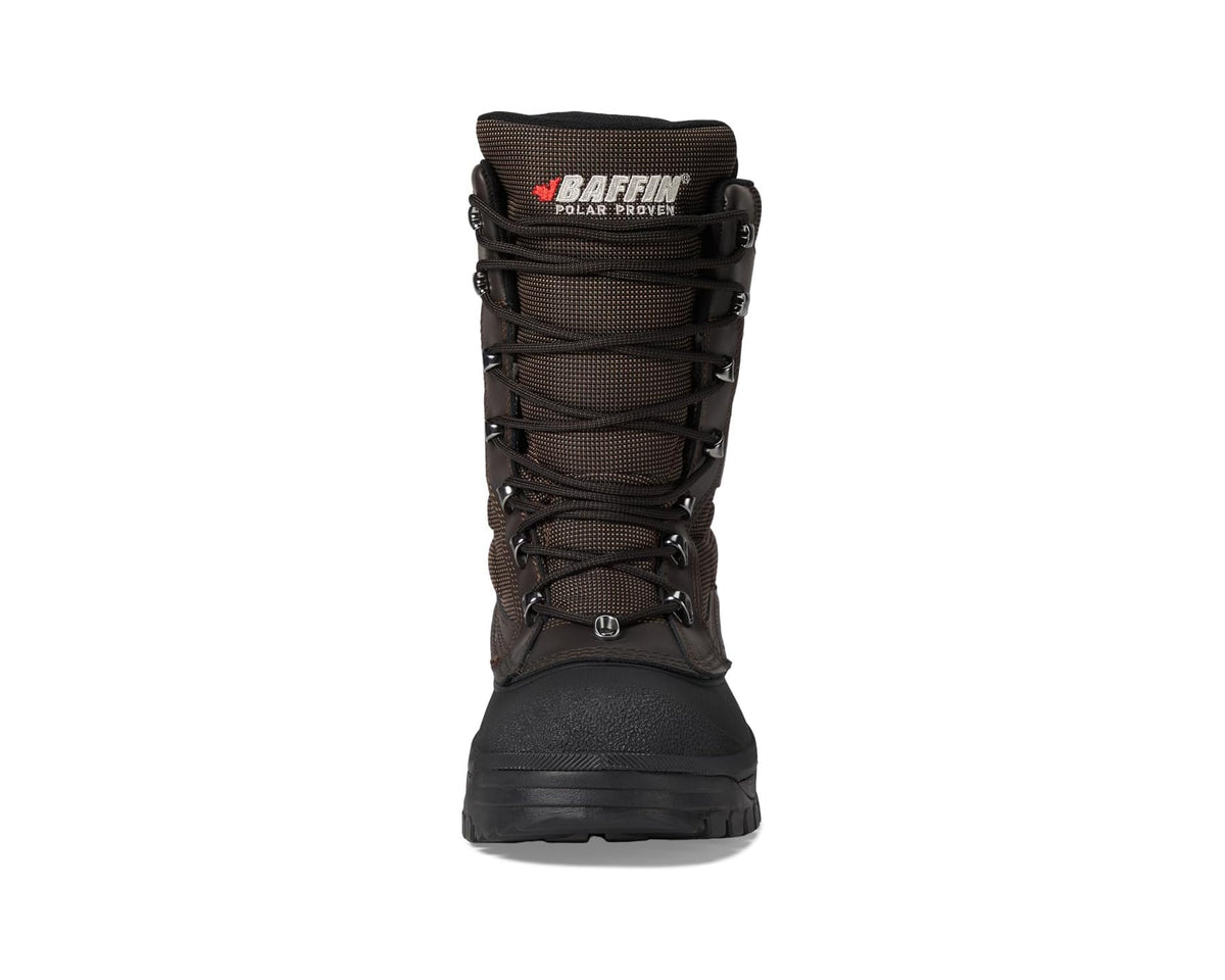 Men's winter boot, tall lace-up style in brown with black panels and rugged sole