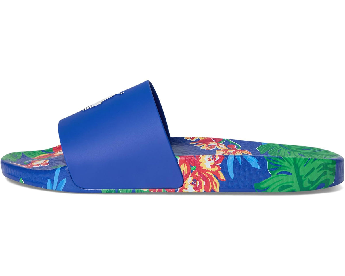 Floral-print slide sandals with royal-blue strap and low-profile sole