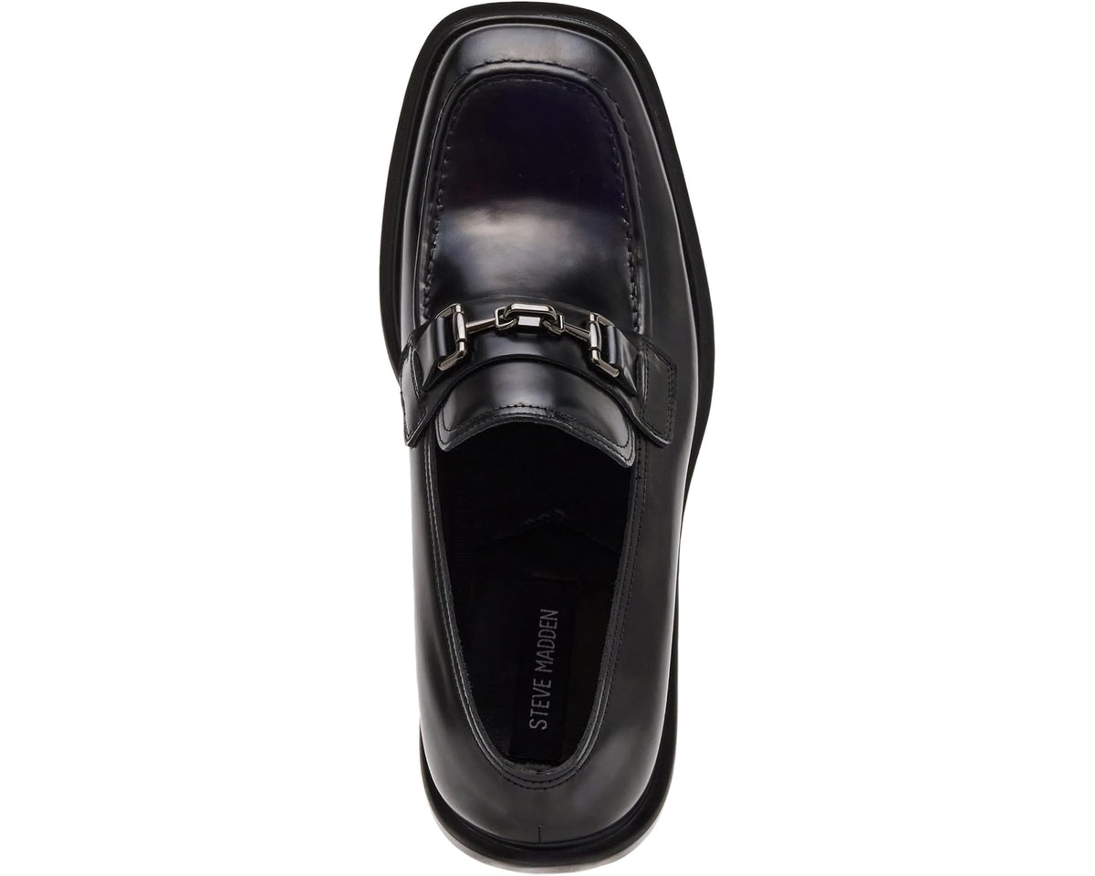 Men's black leather loafer heel and side view with embossed logo