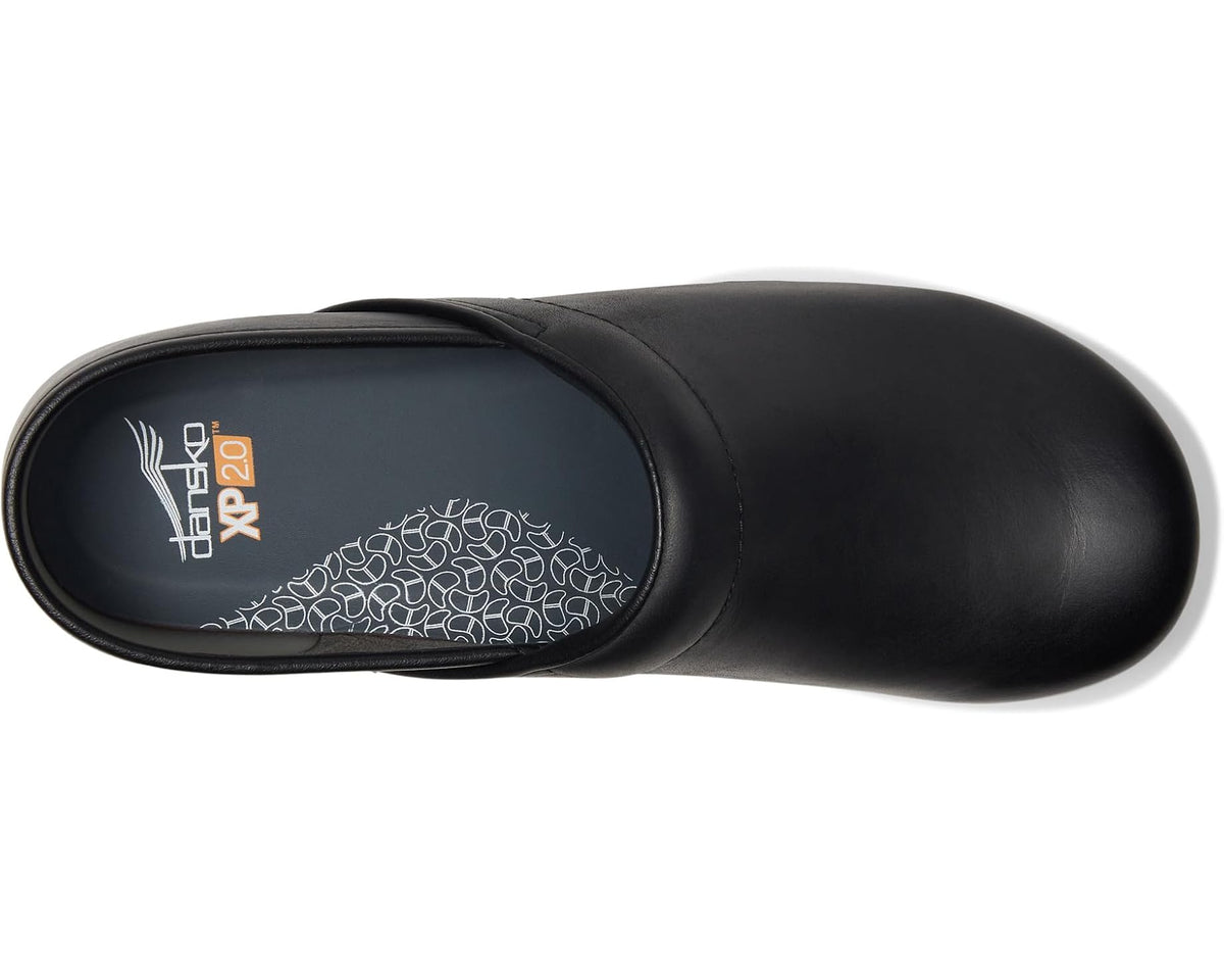 Black slip-on clog; patterned insole with Dansko XP 2.0 branding