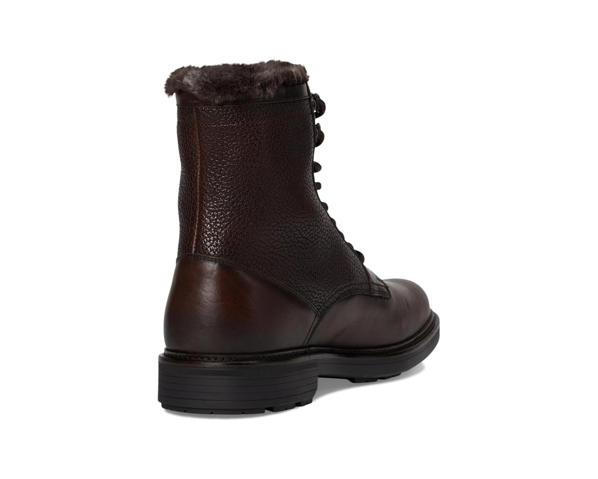 Dark brown leather lace-up boots with shearling lining at heel and collar