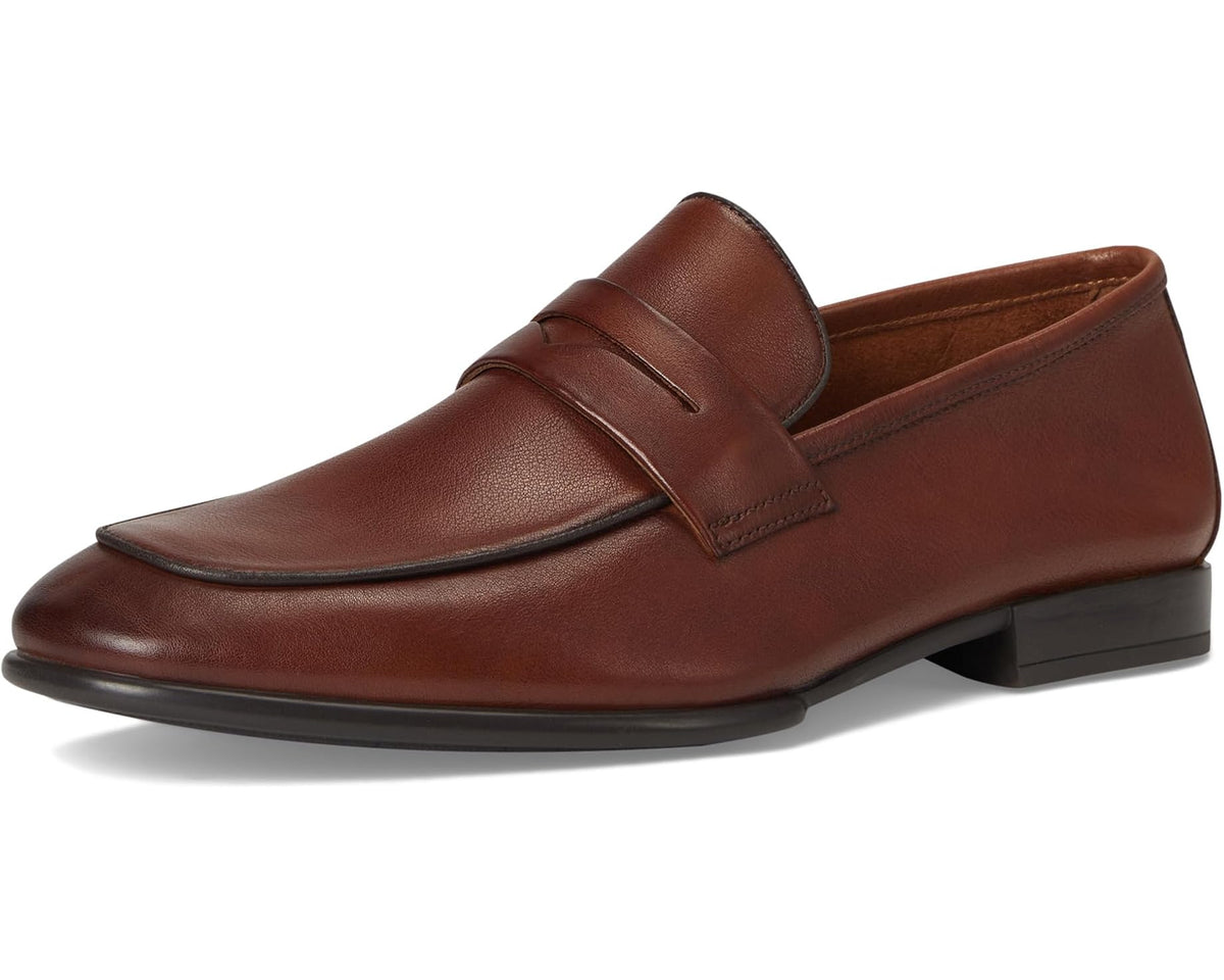 Men's leather loafer in dark tan/brown, front three-quarter view with slip-on strap