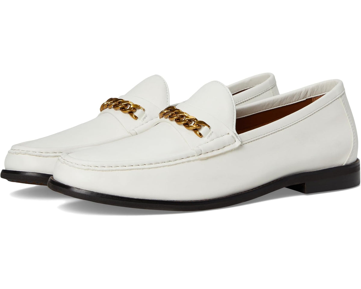 Steve Madden men's white loafer with gold chain strap and moc stitching