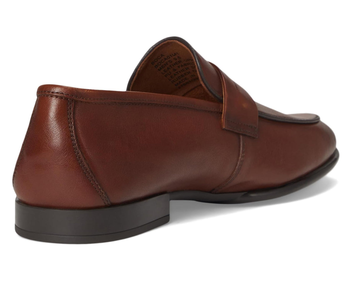 Men's leather loafer heel view in dark tan/brown with stitched apron and low block heel
