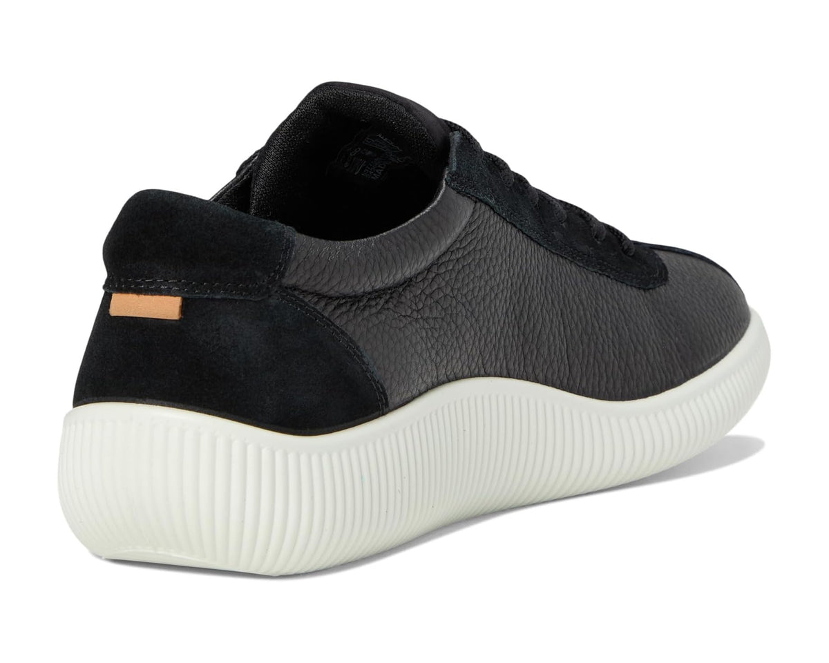 ECCO low-top sneaker heel view in black with cushioned collar and white ribbed sole