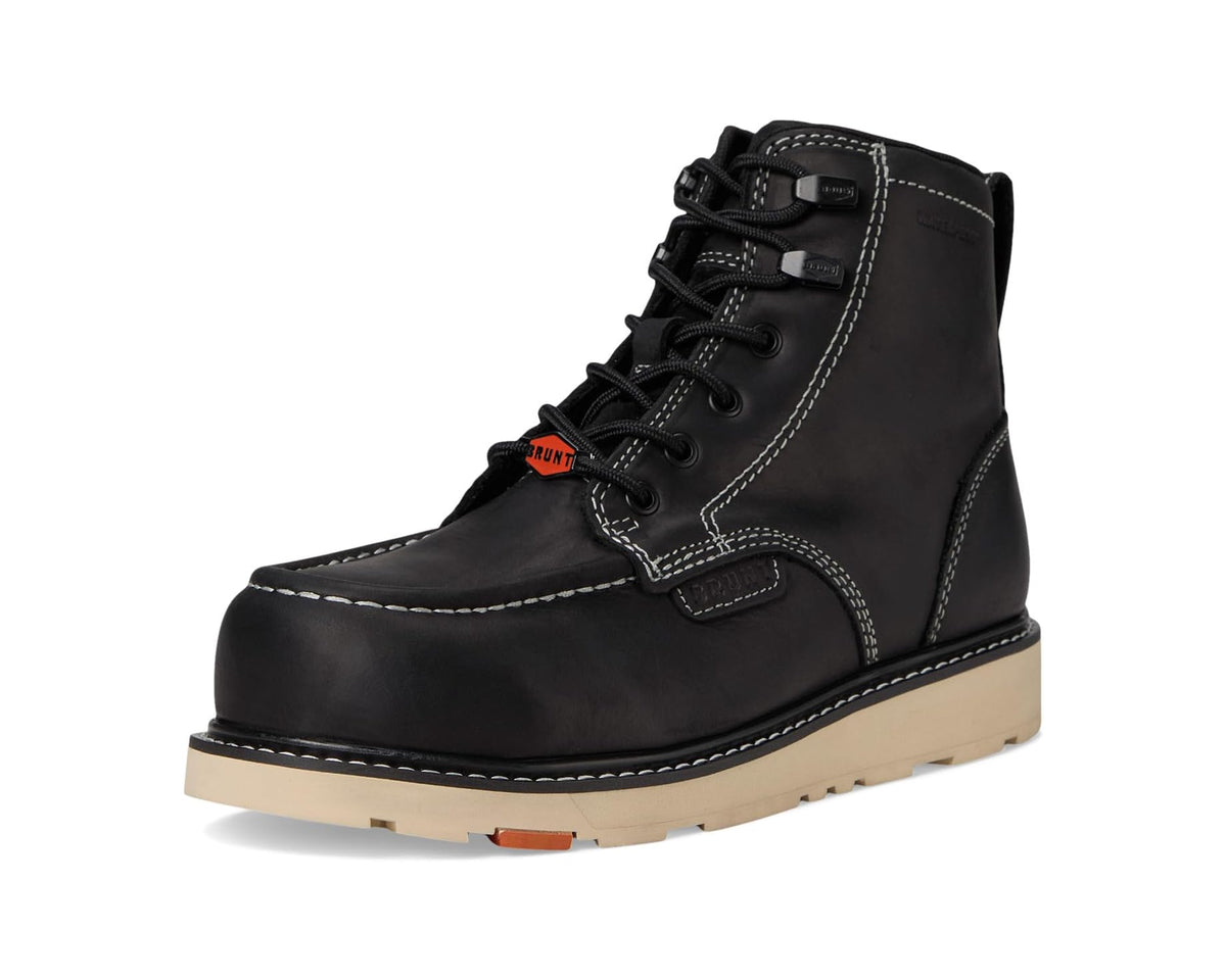 Black lace-up comp-toe boots with contrast stitching and tan outsole