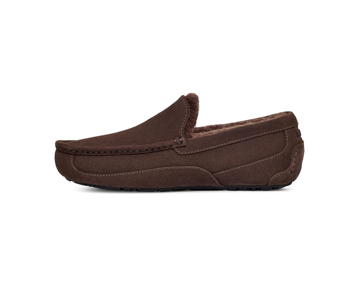 Men's UGG Ascot loafer profile with suede upper and stitched apron seams
