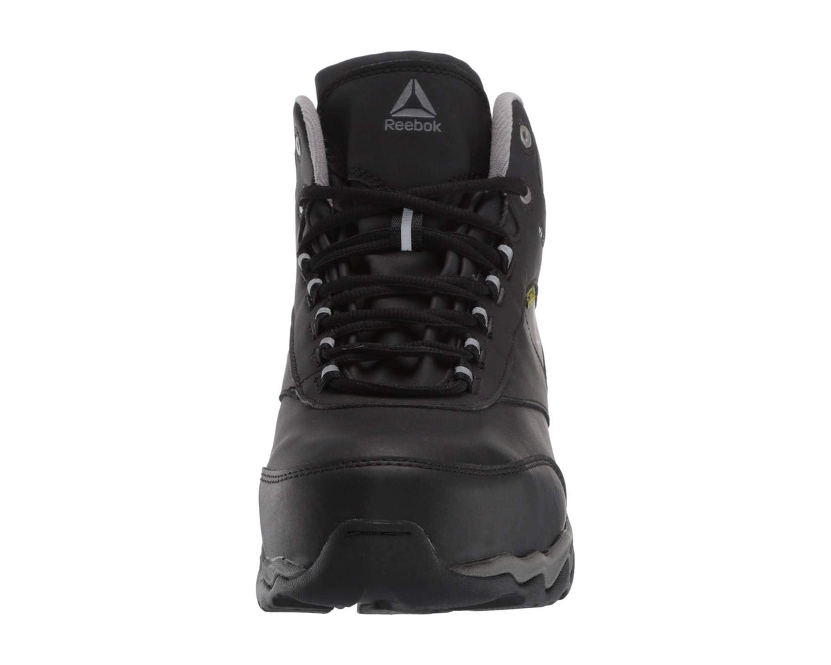 Men's waterproof work boots, black front view with lace-up design and padded tongue