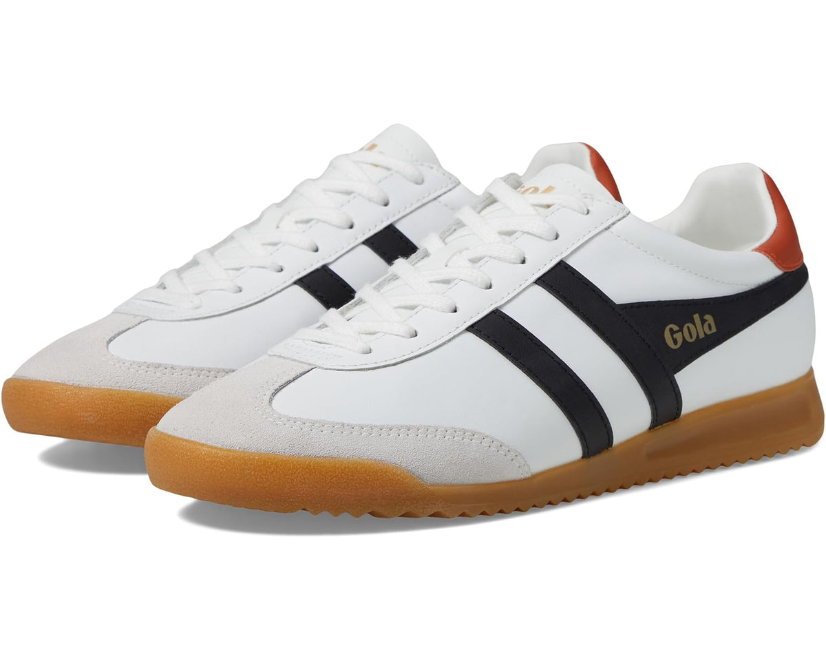 Men's leather low-top sneakers in white with black stripes and orange accents