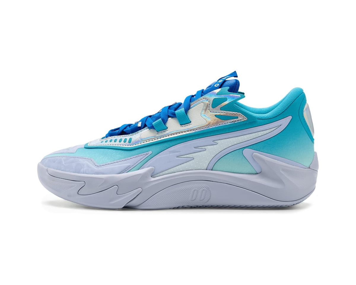 PUMA Scoot Zeros II low-top basketball shoe with blue laces and teal heel detail