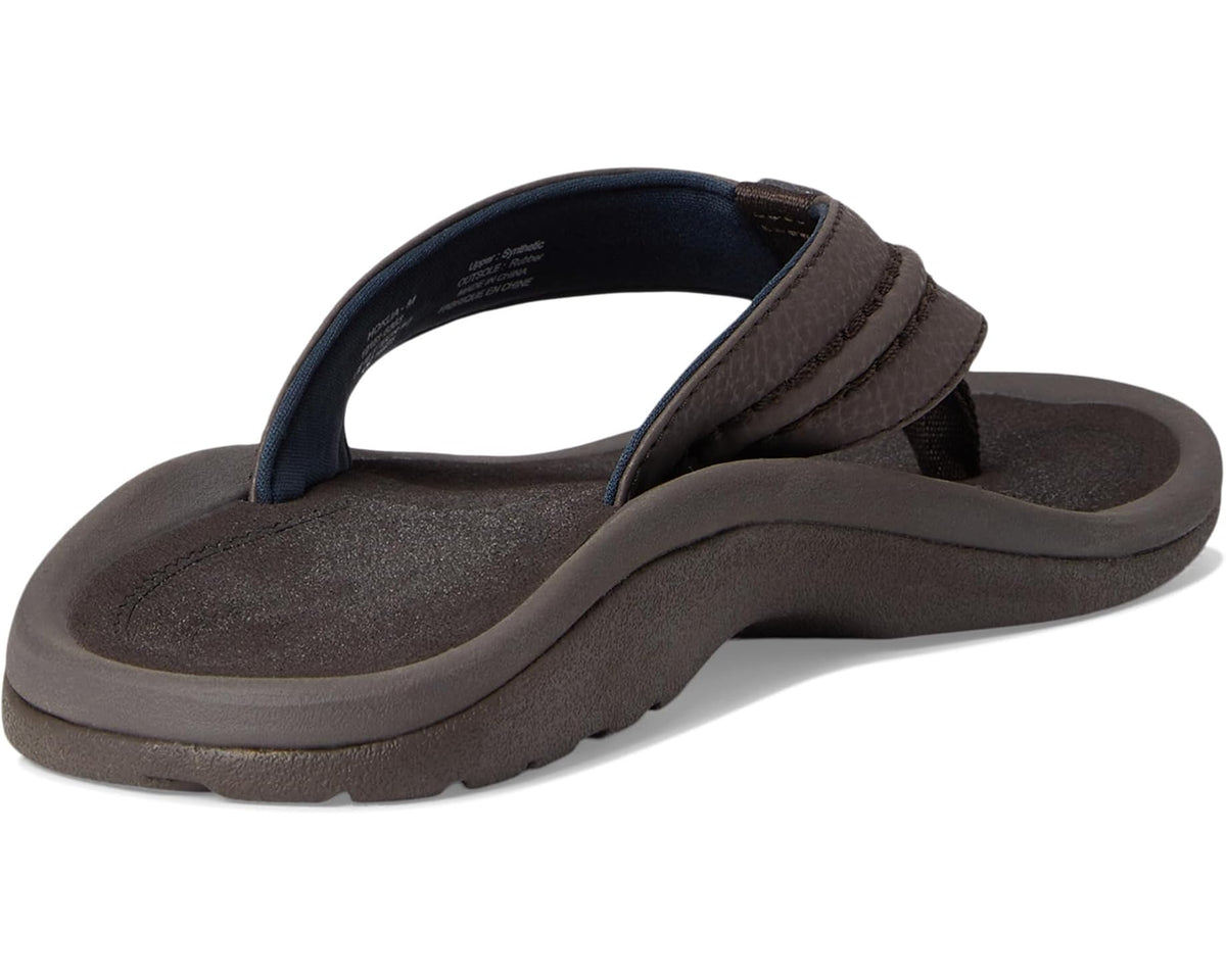 OluKai men’s dark brown flip-flop with navy-lined thong strap and cushioned sole