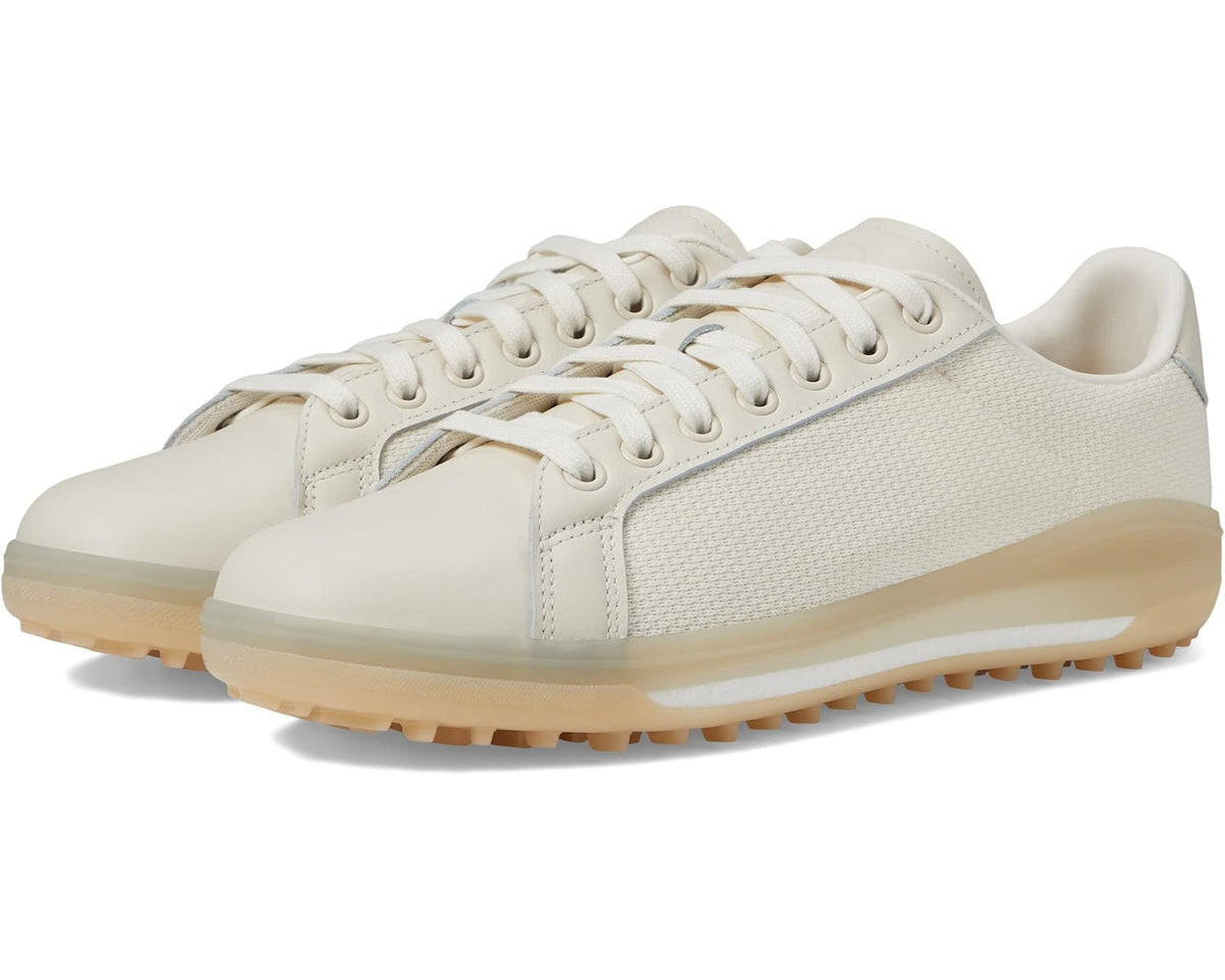 Men's adidas golf shoes in light chalk white with beige outsole, lace-up low profile.