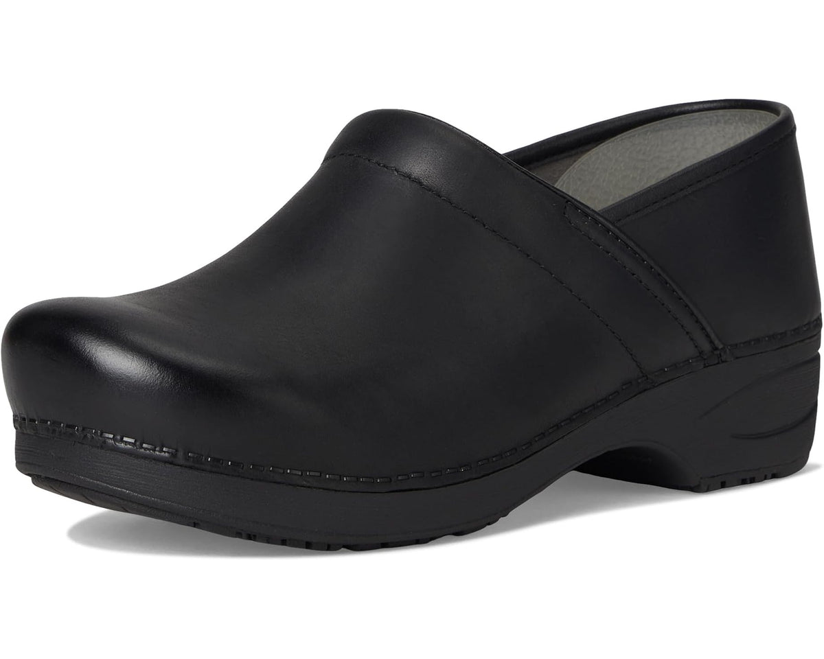 Black leather slip-on clog with rounded toe and block heel
