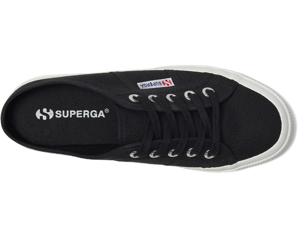 Black Superga sneakers viewed from side, showing lace eyelets and white trim.