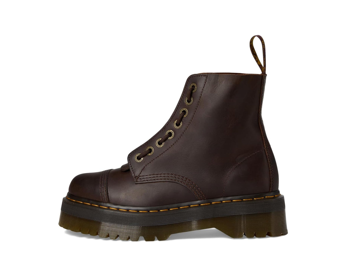 Dark brown leather lace-up platform boots with pull tab and yellow stitching.