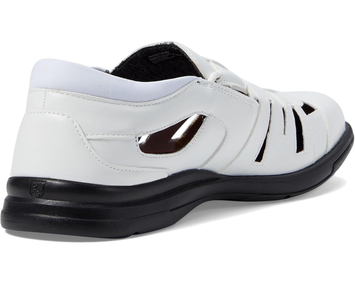 White sandal side view with open strap cutout and black edge sole
