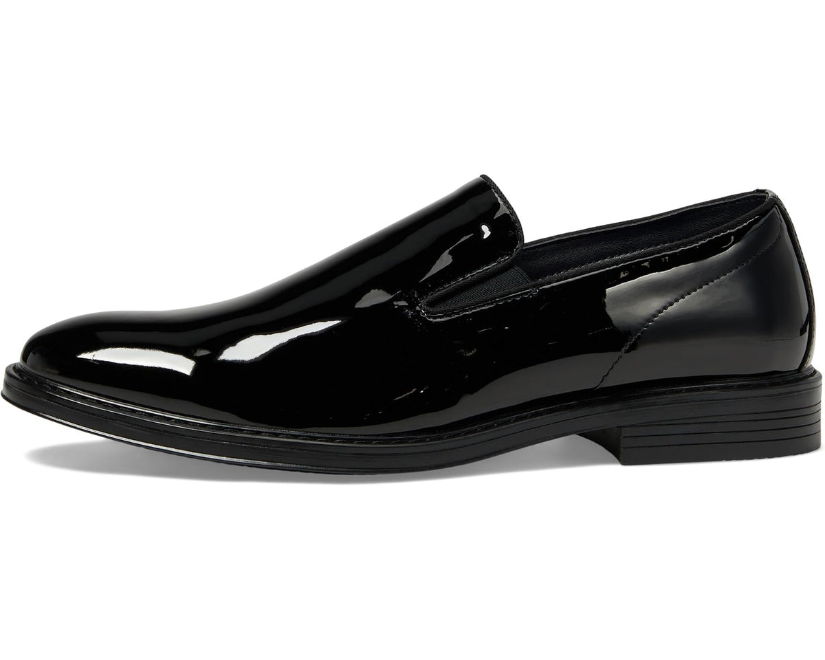 Black patent slip-on formal loafer with smooth upper and low stacked heel