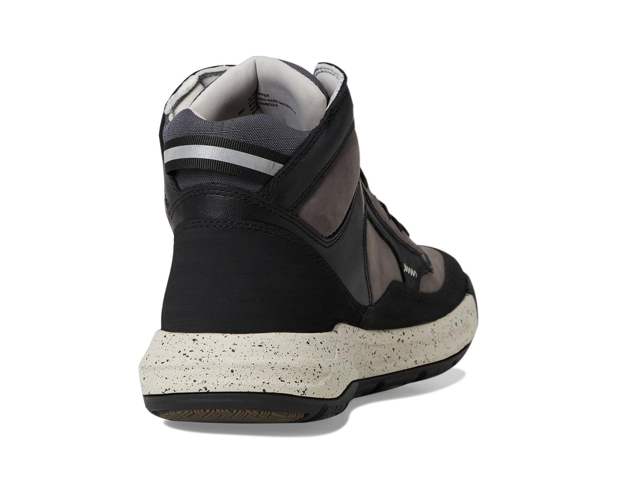 Back view of black high-top sneaker with gray collar padding and speckled sole