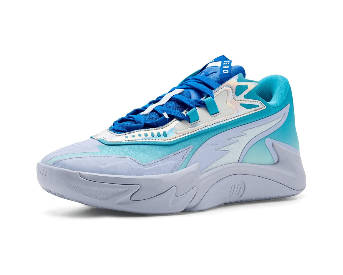 PUMA Scoot Zeros II basketball shoe in blue and aqua with lace-up design