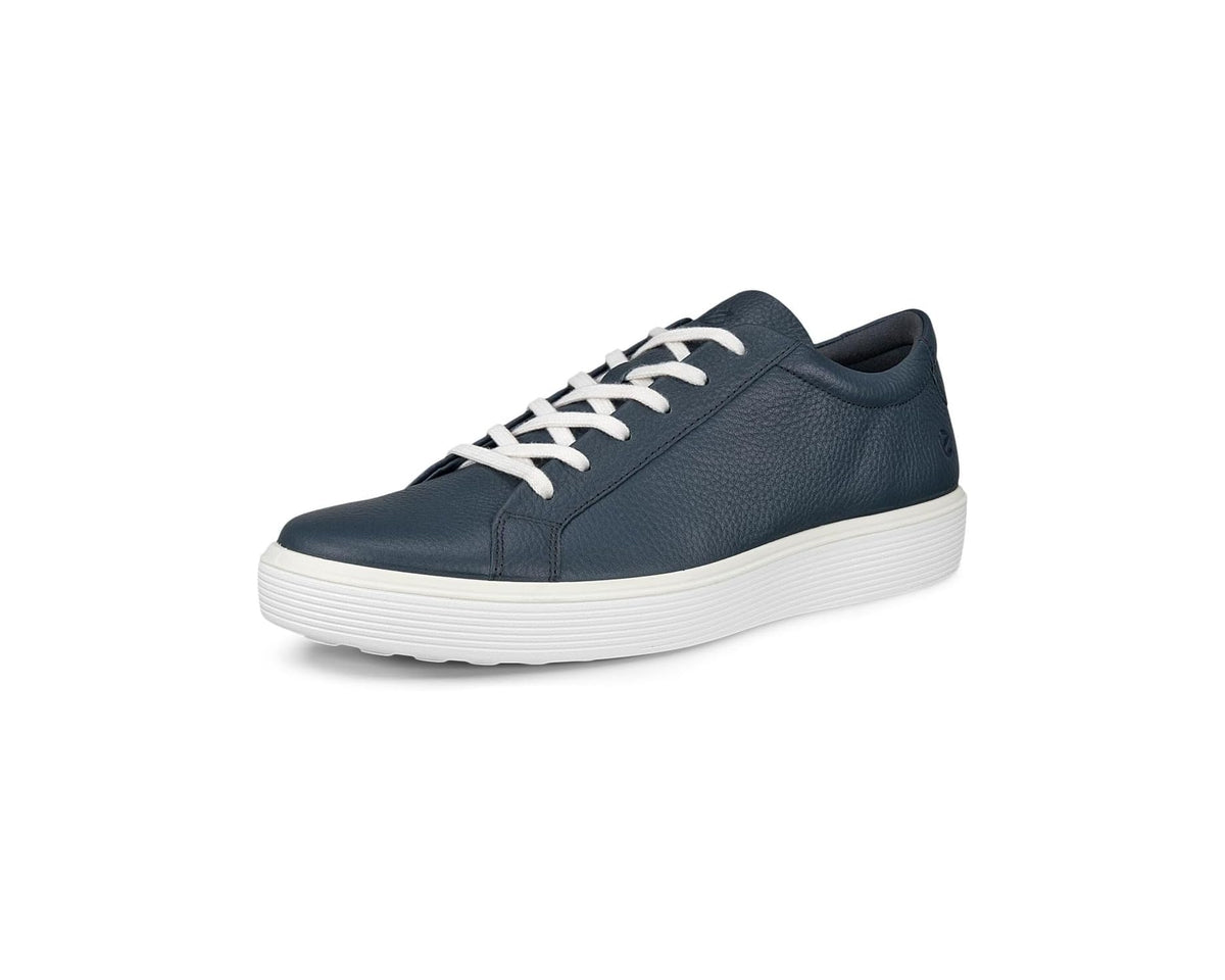 Dark blue low-top ECCO sneaker with white laces and thick white sole platform
