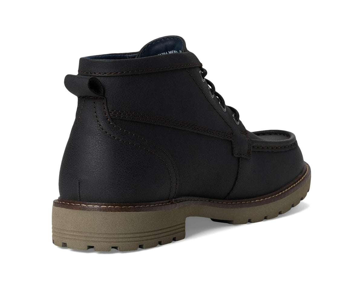Men's black leather high-top boots with lace-up and textured heel counter.