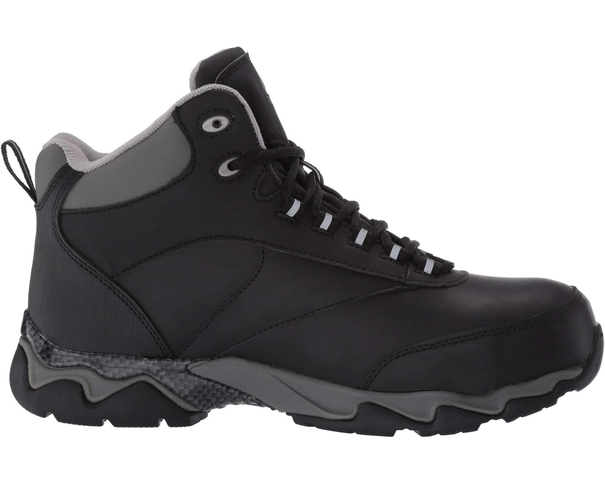 Men's waterproof work boots, black leather upper with gray panels and thick tread sole